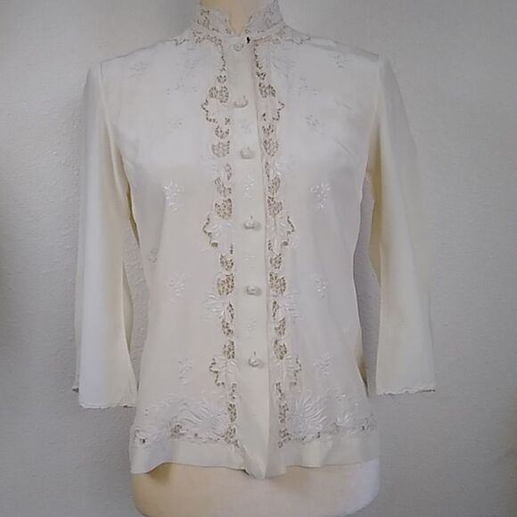 Vintage 50s,60s, Geony 100% SILK Embroidered BLOUSE Size Small 34 - Picture 7 of 14